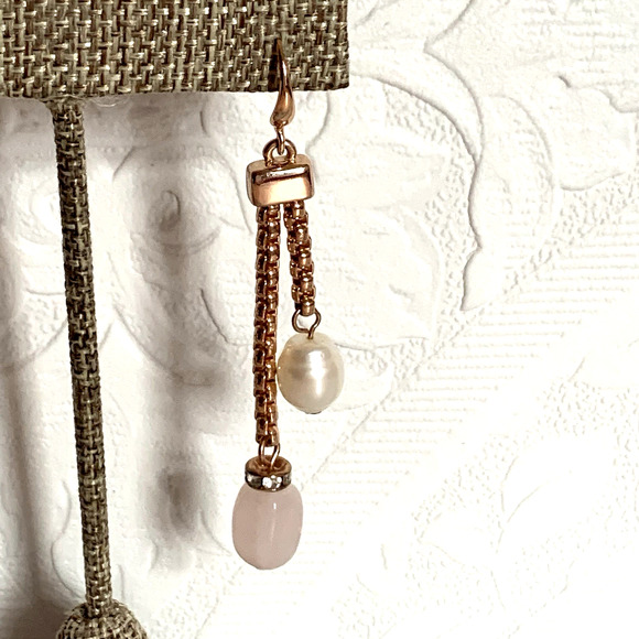 Vintage Rose Quartz Dangle Earrings Rose Gold Plated with Pearls & Rhinestones - Picture 3 of 8